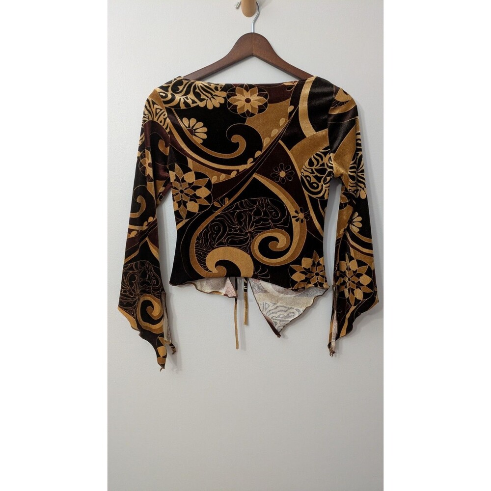 Vintage 90s Y2K Velvet Top M Fairy Grunge Asymmetric Brown Whimsigoth Geo Floral - Picture 5 of 9